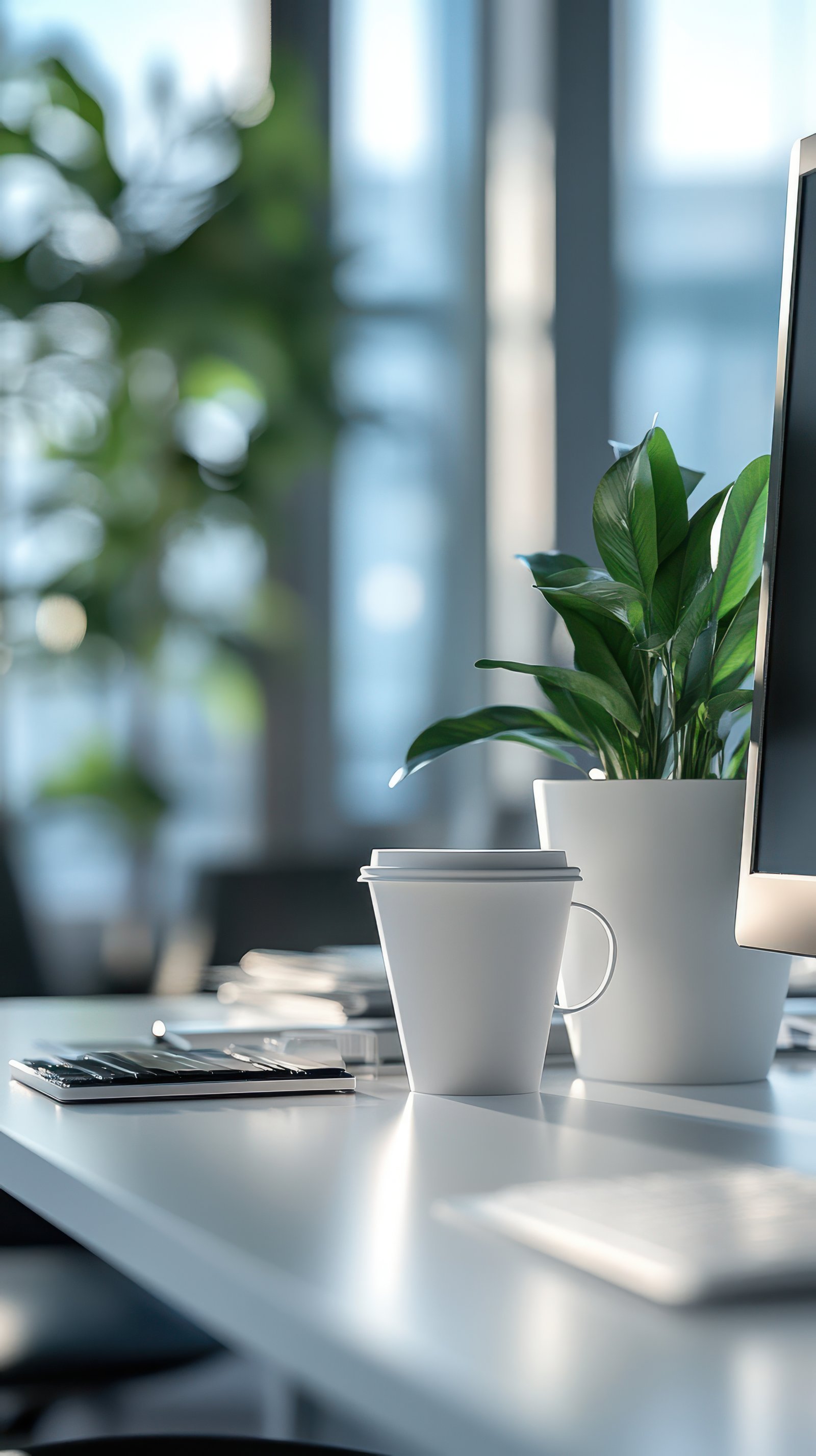 Modern office workspace with coffee cup and potted plant on a desk during daylight hours